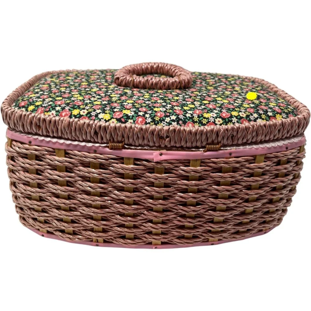 Singer Sewing Basket Floral Pink Wicker Storage Organizer Vintage Cottagecore